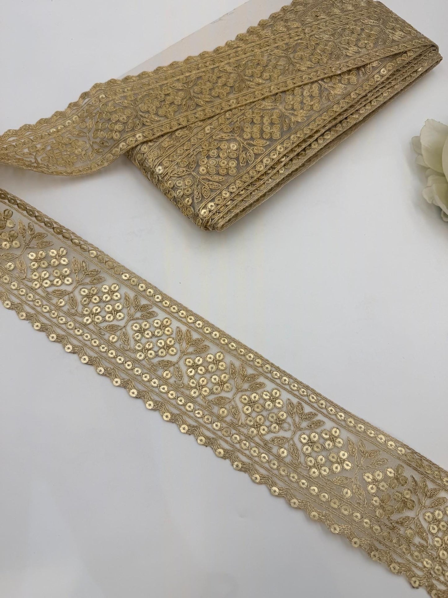 Champagne Gold Floral Sequin Zari Lace Trim