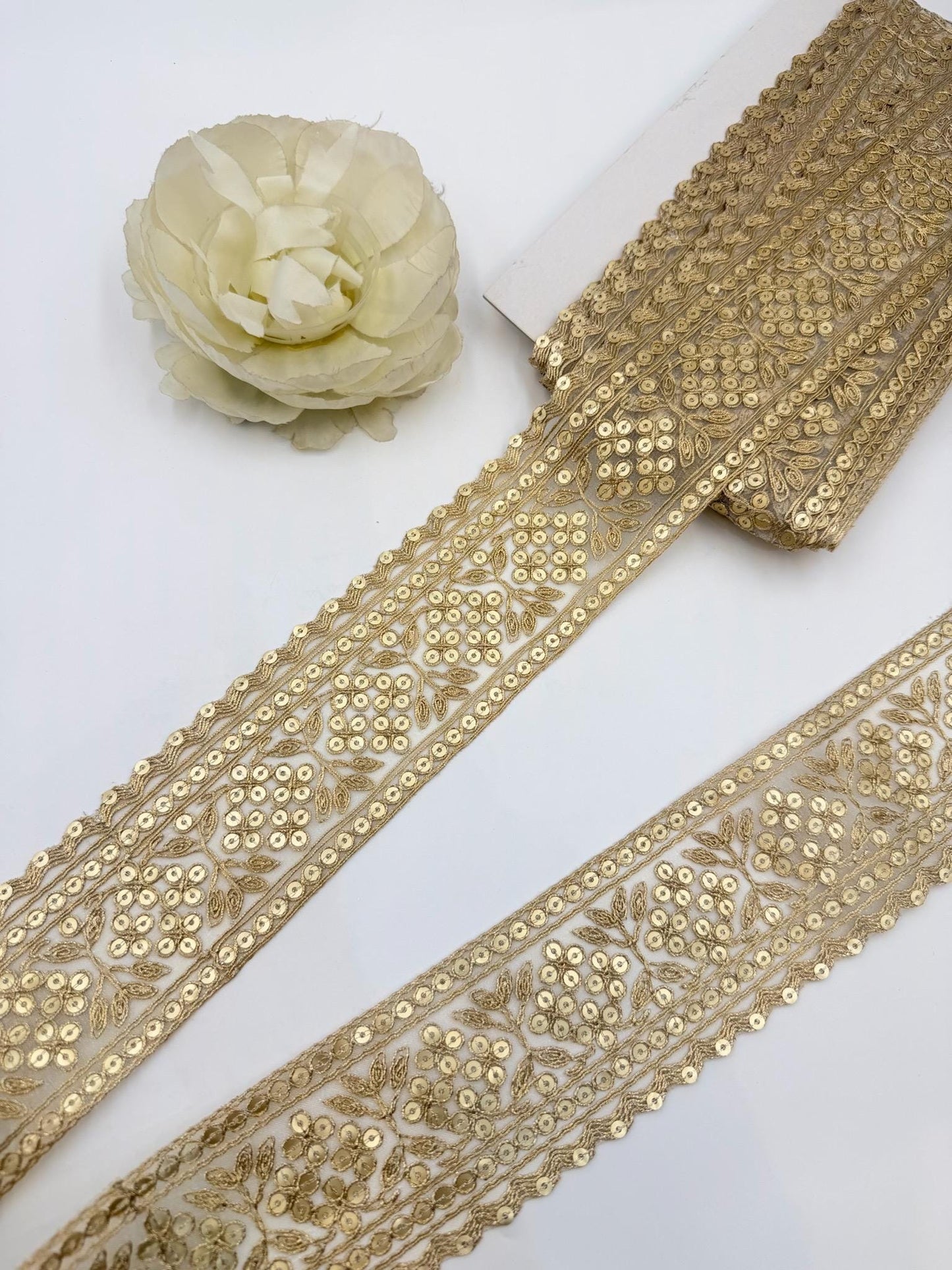 Champagne Gold Floral Sequin Zari Lace Trim