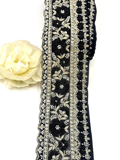 Black Beaded Embroidered Lace Trim