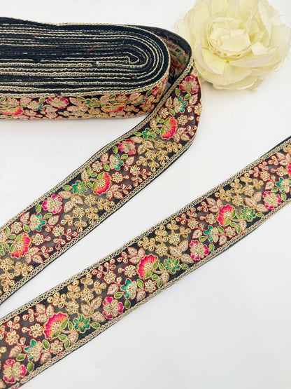 Black Floral Embroidered Lace Trim