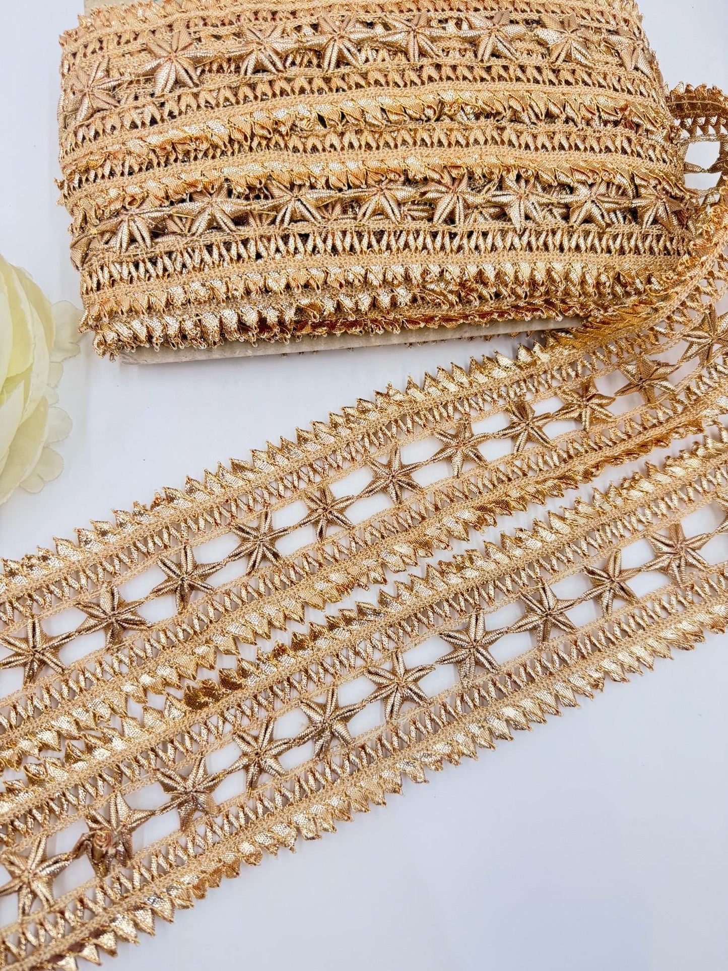 Gold Gota Patti Lace Trim Metallic Floral Border