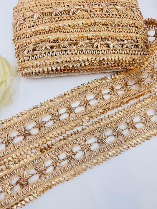Gold Gota Patti Lace Trim Metallic Floral Border