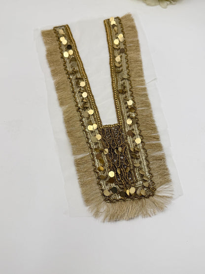Beige Fringe Sequin Beaded Neckline Applique