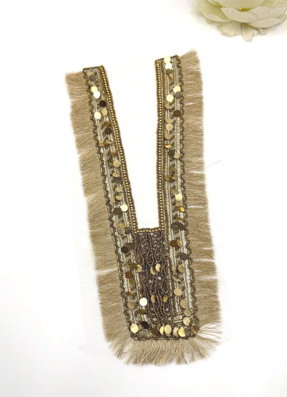 Beige Fringe Sequin Beaded Neckline Applique