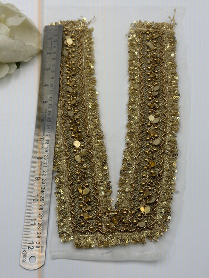 Hand Embroidered Gold Sequin Neckline Applique