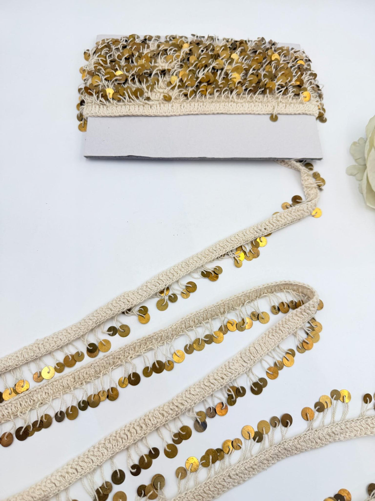Ivory Crochet Trim with Gold Sequin Fringe