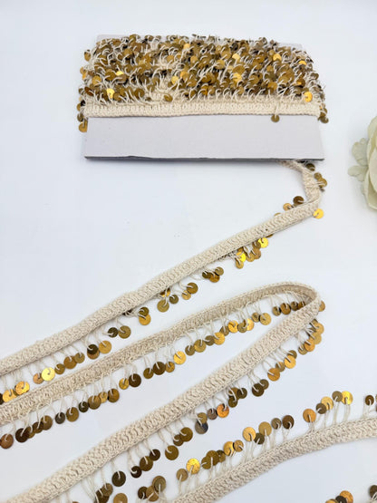 Ivory Crochet Trim with Gold Sequin Fringe
