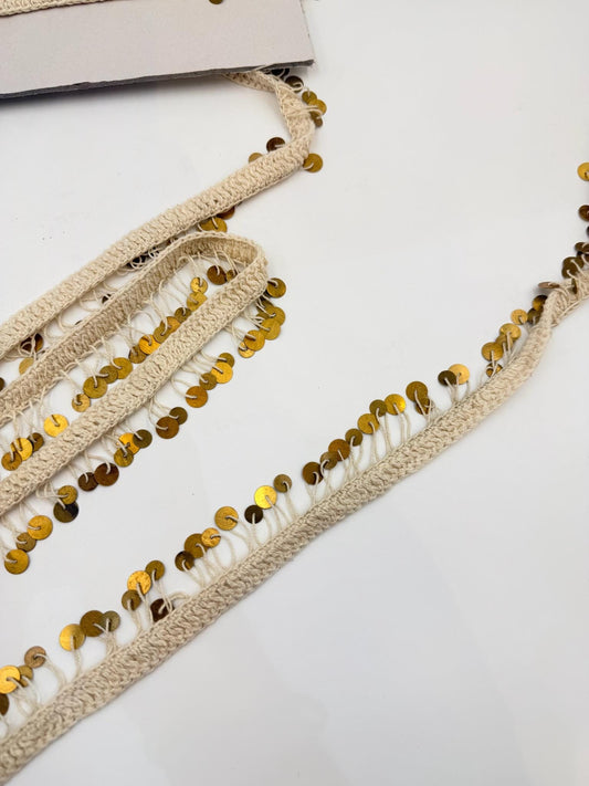 Ivory Crochet Trim with Gold Sequin Fringe