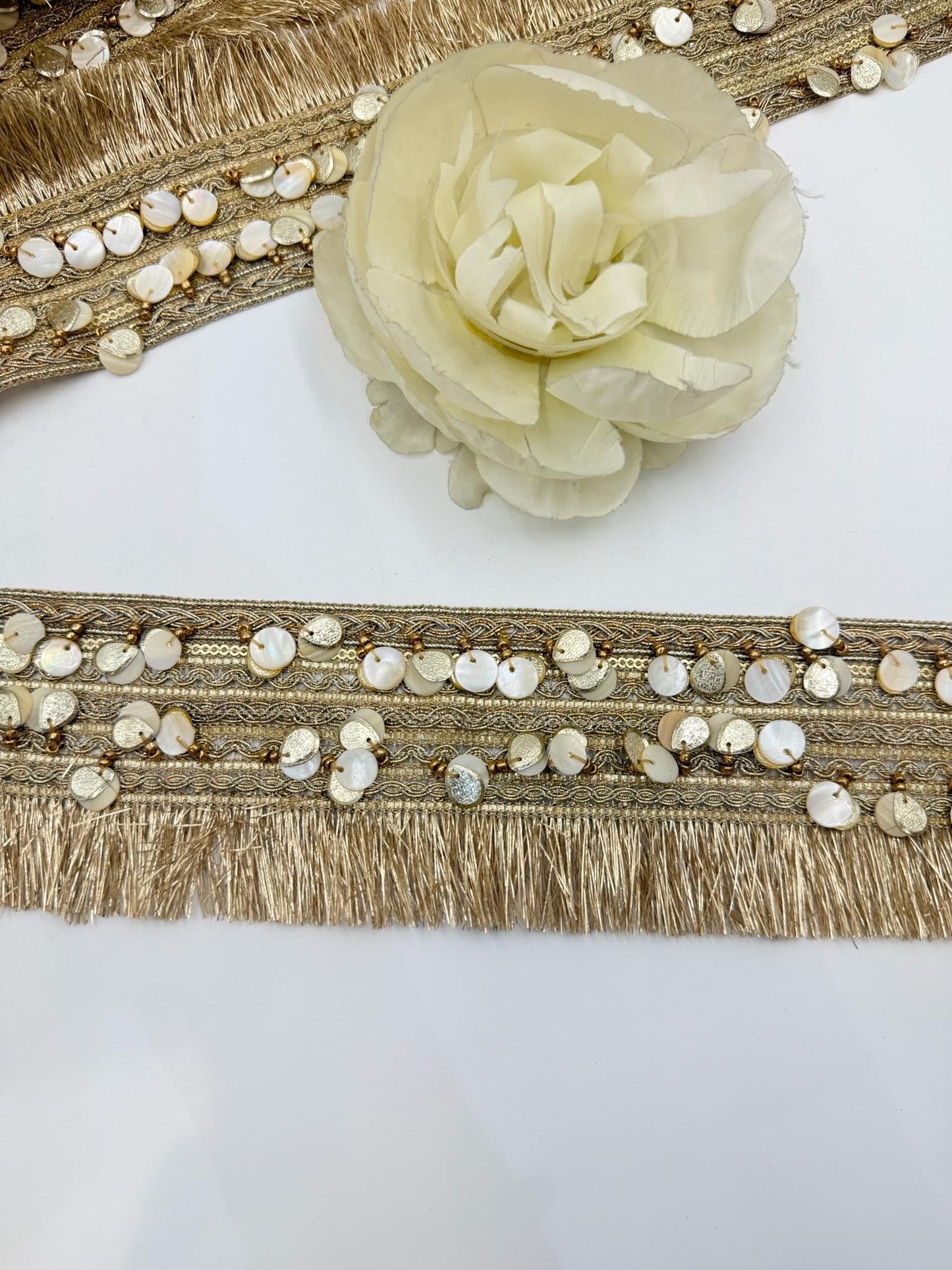 Champagne Gold Fringe Trim with Shell Sequins