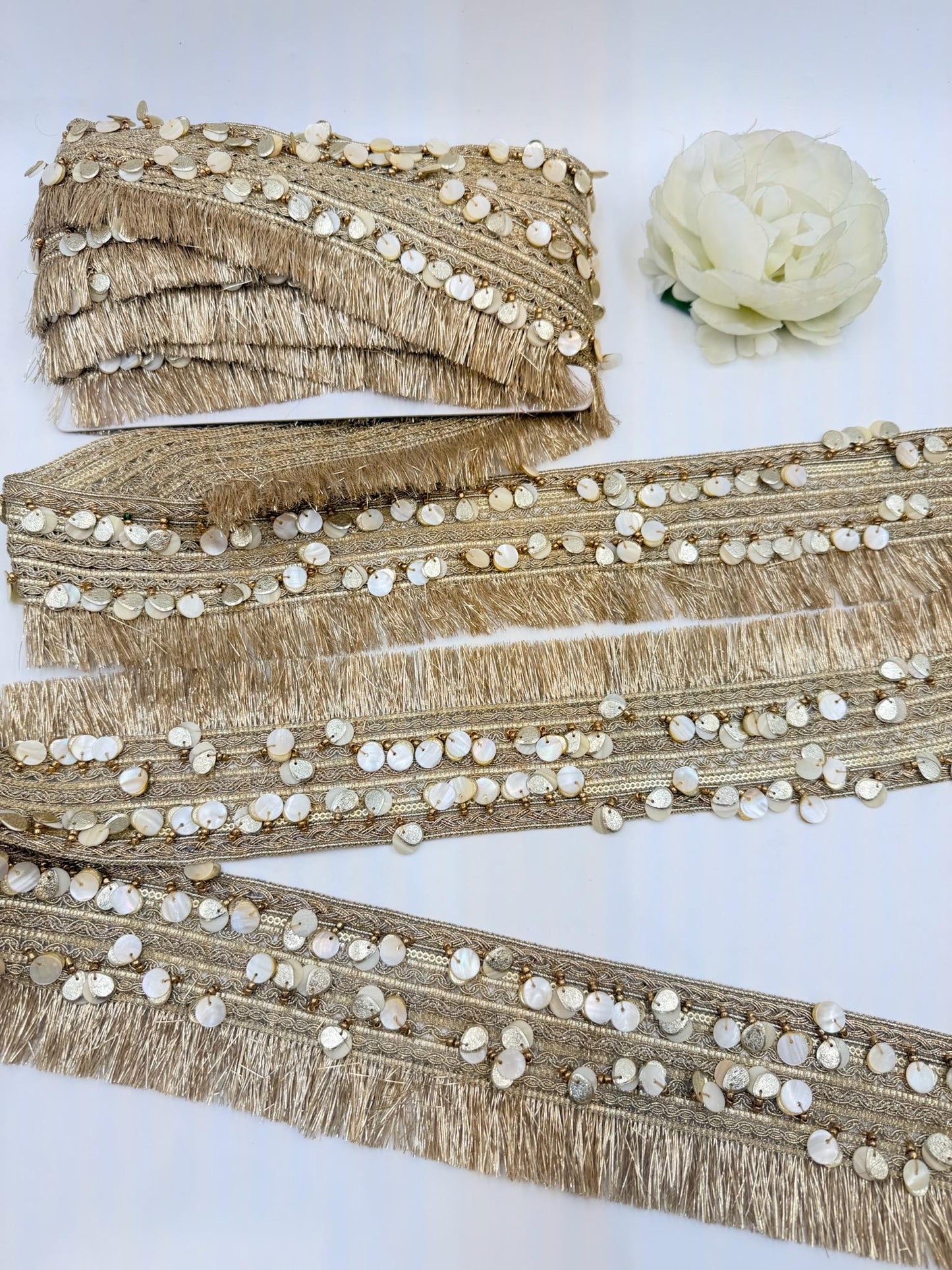 Champagne Gold Fringe Trim with Shell Sequins