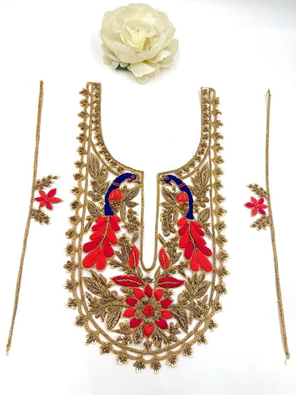 Hand Embroidered Peacock Neckline Applique