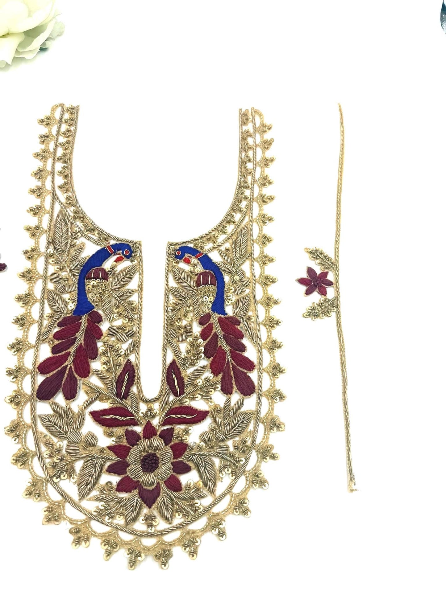 Hand Embroidered Peacock Neckline Applique