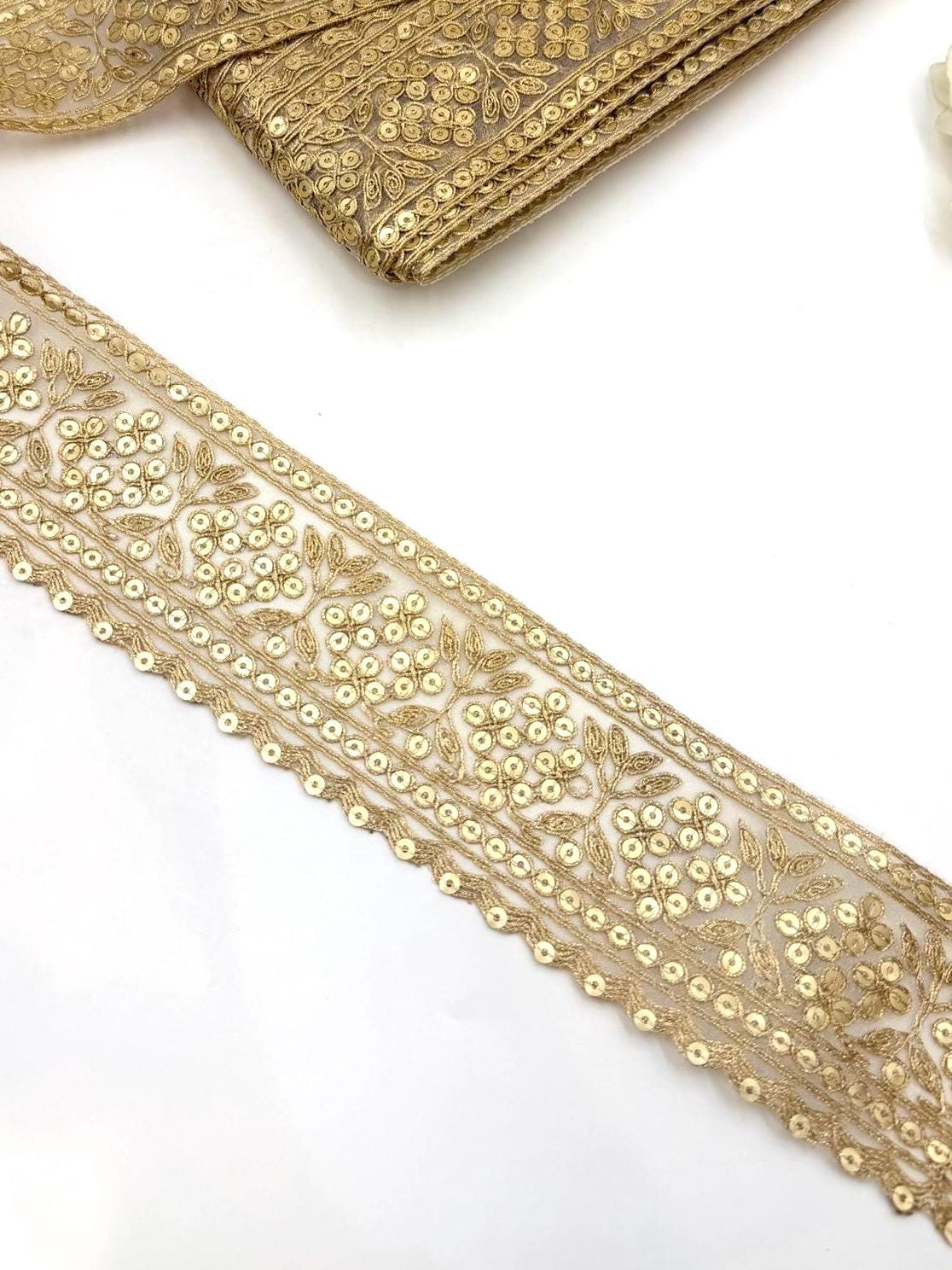 Champagne Gold Floral Sequin Zari Lace Trim