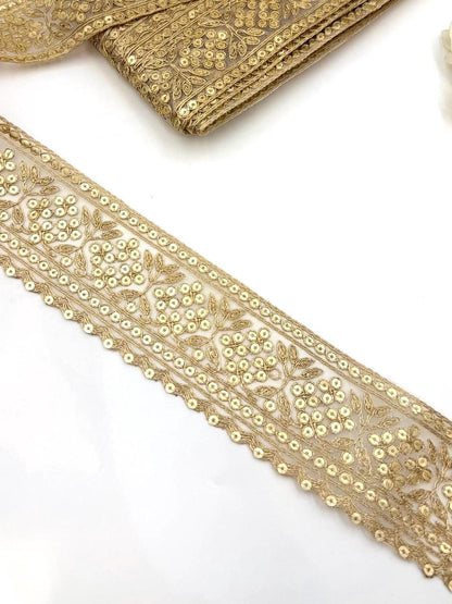 Champagne Gold Floral Sequin Zari Lace Trim