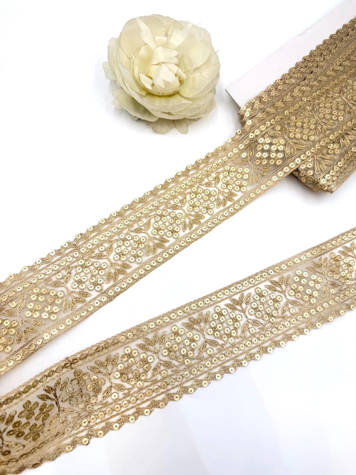 Champagne Gold Floral Sequin Zari Lace Trim