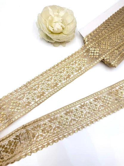 Champagne Gold Floral Sequin Zari Lace Trim