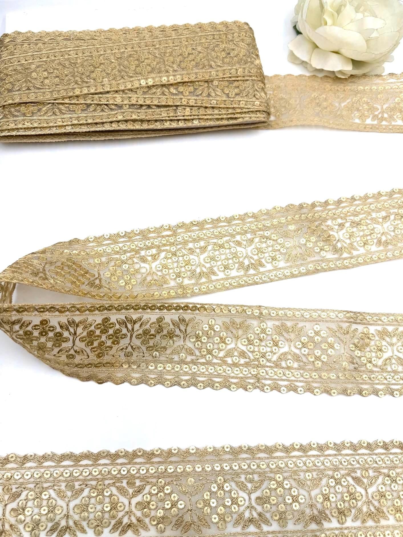 Champagne Gold Floral Sequin Zari Lace Trim