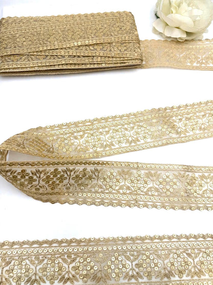 Champagne Gold Floral Sequin Zari Lace Trim
