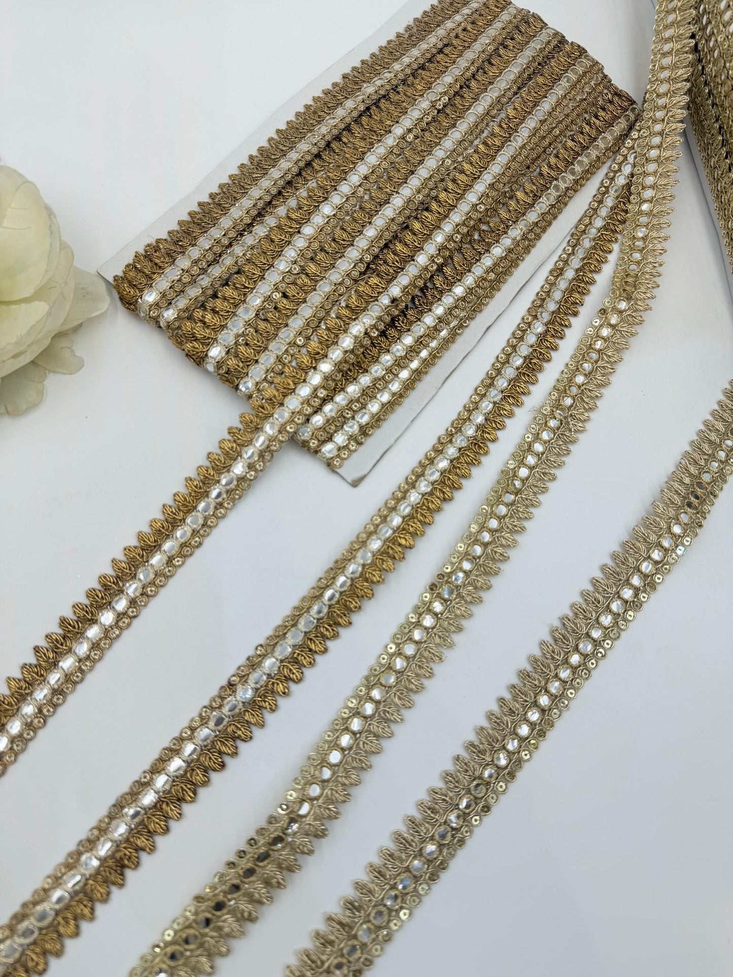 Gold Faux Mirror Lace Trim – Embroidered Border for Bridal