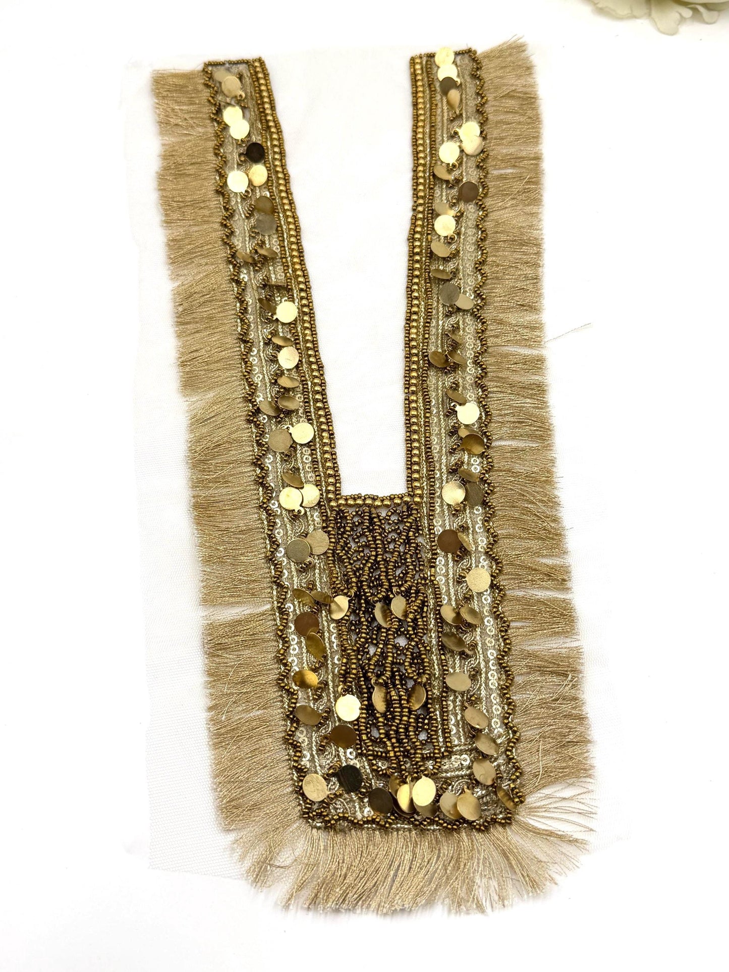 Beige Fringe Sequin Beaded Neckline Applique