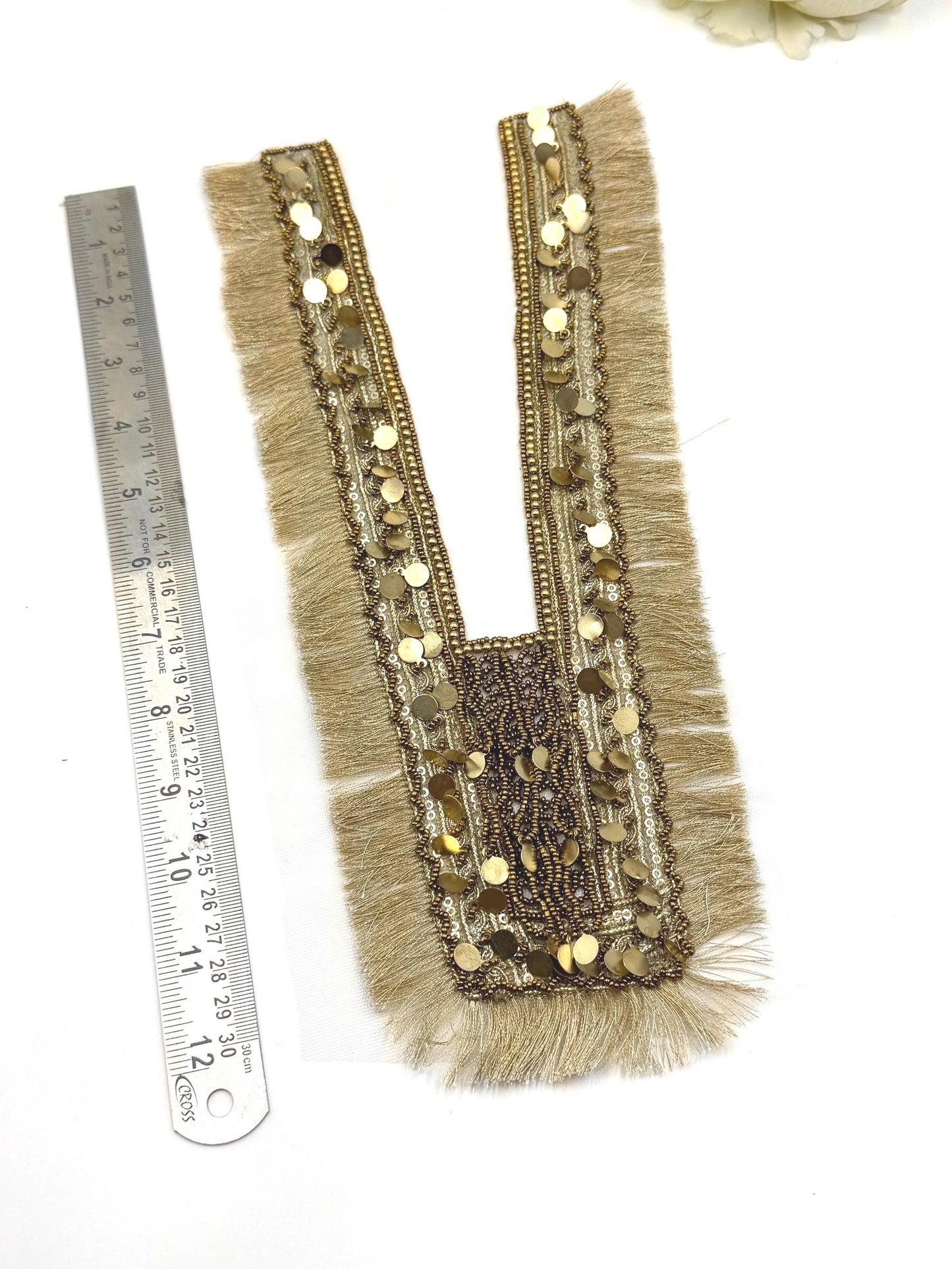 Beige Fringe Sequin Beaded Neckline Applique