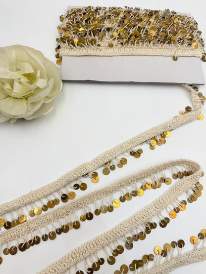 Ivory Crochet Trim with Gold Sequin Fringe