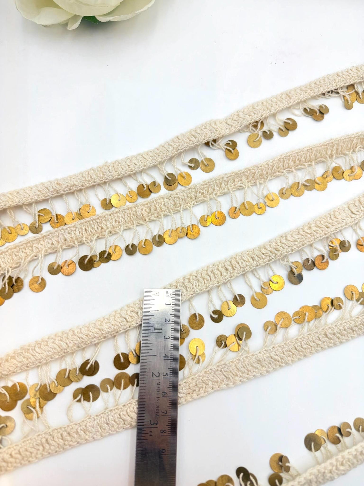 Ivory Crochet Trim with Gold Sequin Fringe