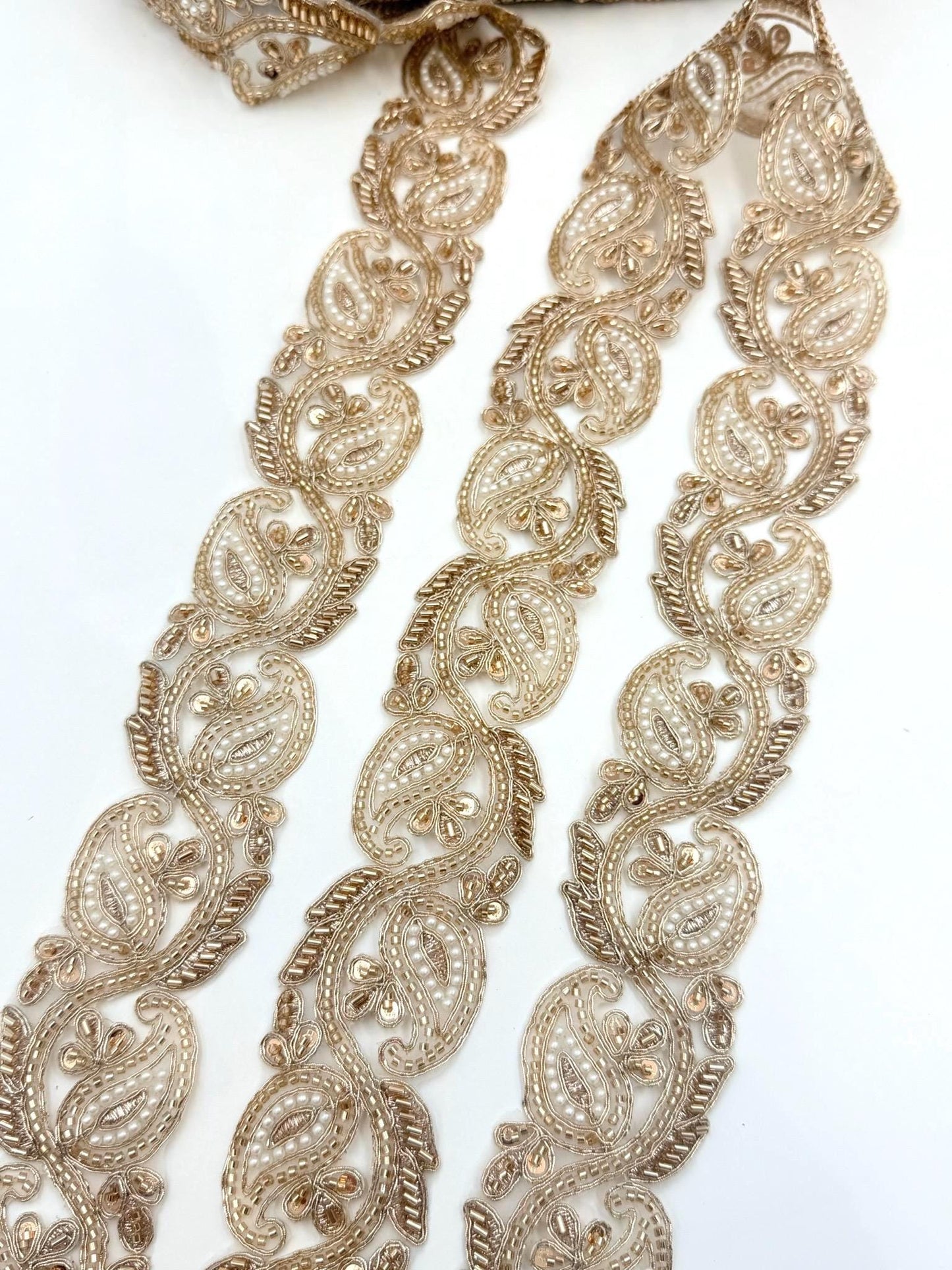 Hand Embroidered Paisley Pearl Trim