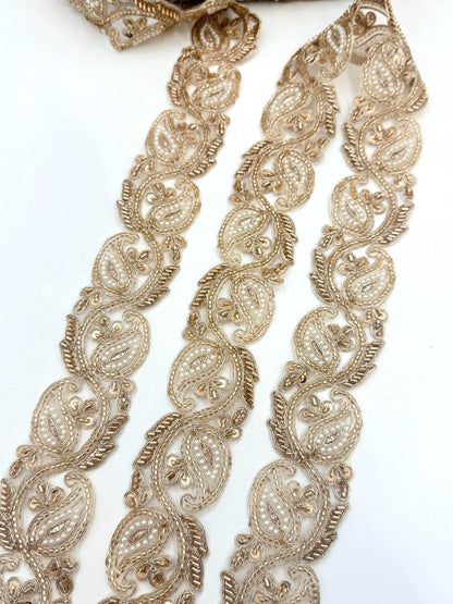 Hand Embroidered Paisley Pearl Trim
