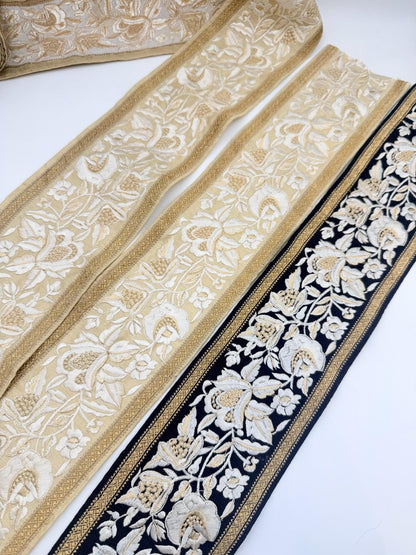 Black Gold Floral Embroidered Trim Designer Bridal Ribbon