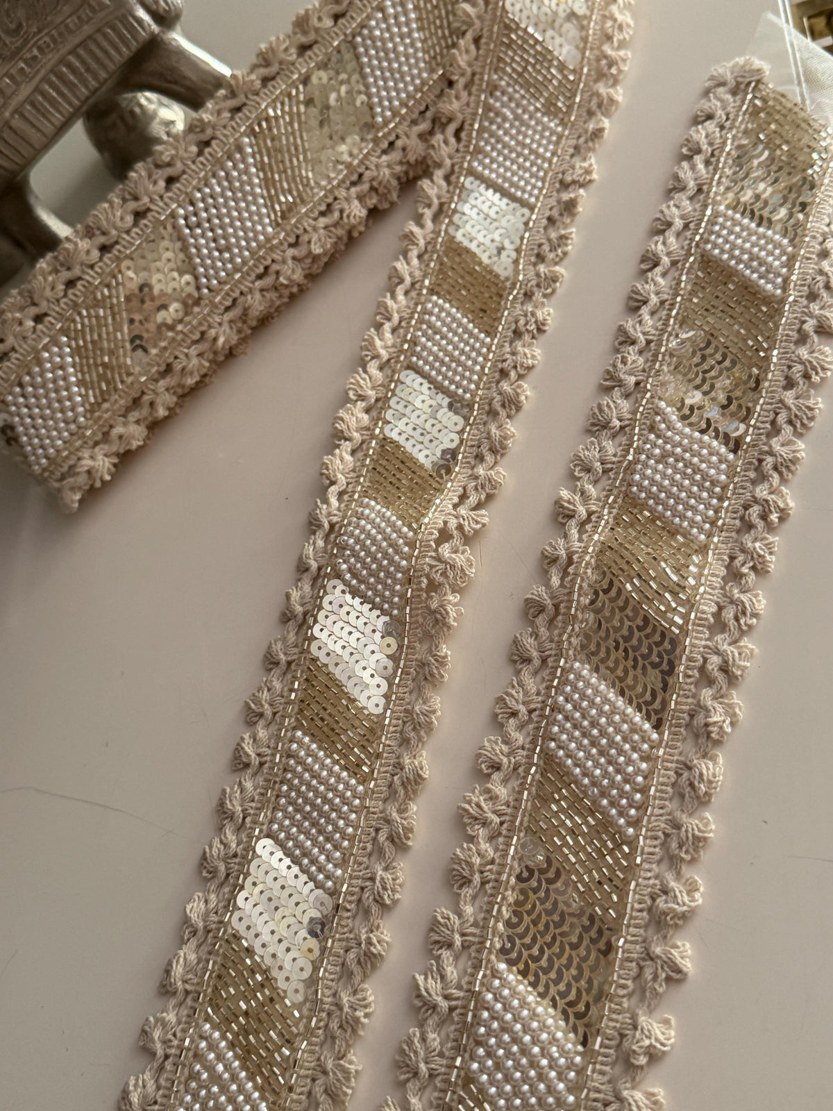 Ivory Beaded Boho Ribbon Trim Pearl & Sequin Embroidered Lace