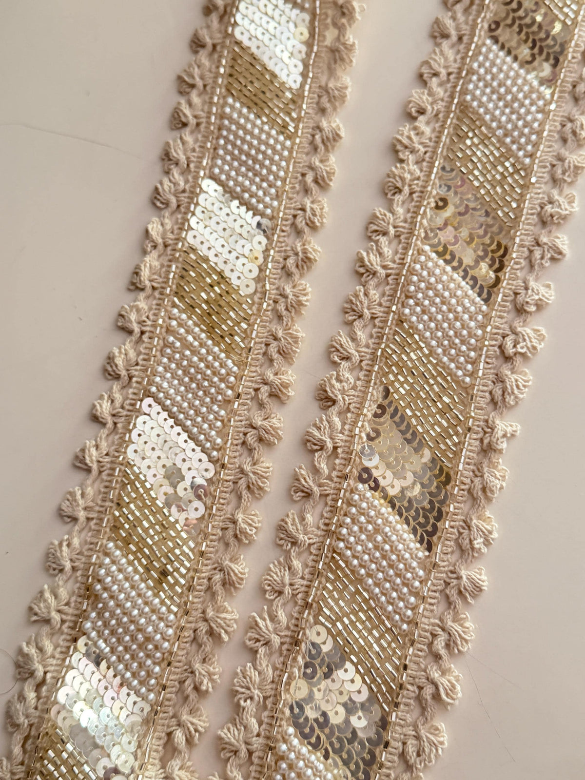 Ivory Beaded Boho Ribbon Trim Pearl & Sequin Embroidered Lace