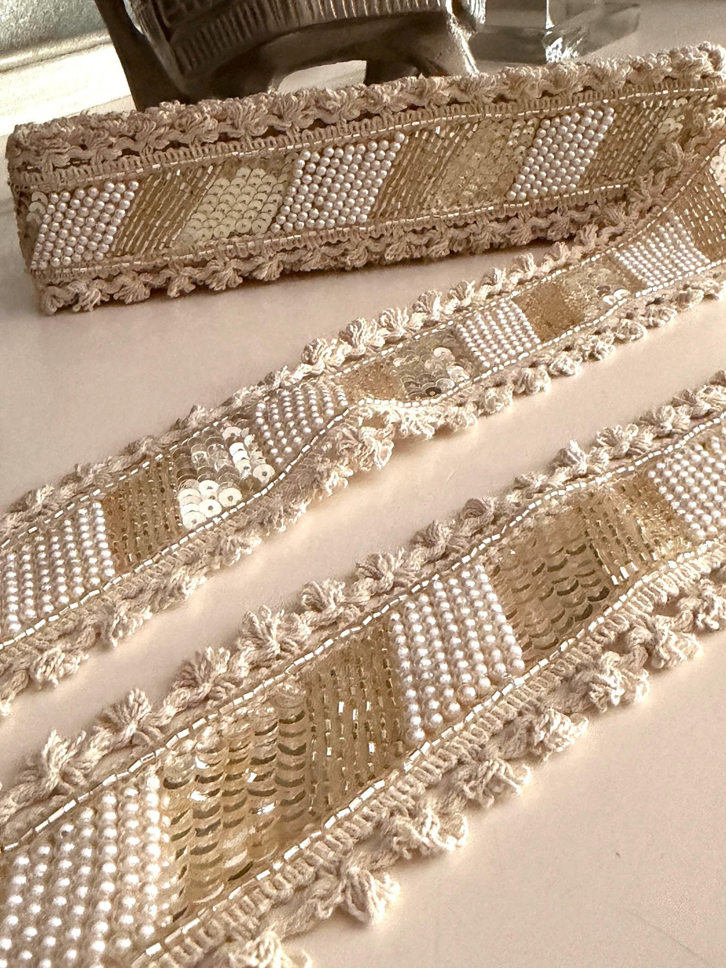 Ivory Beaded Boho Ribbon Trim Pearl & Sequin Embroidered Lace
