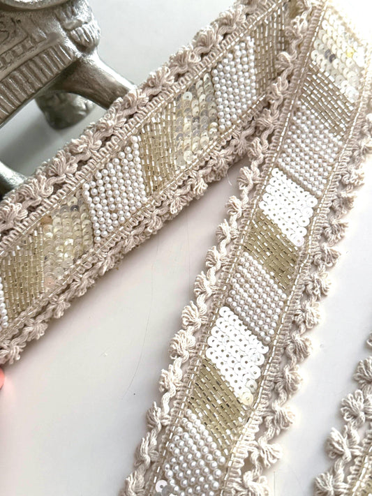 Ivory Beaded Boho Ribbon Trim Pearl & Sequin Embroidered Lace