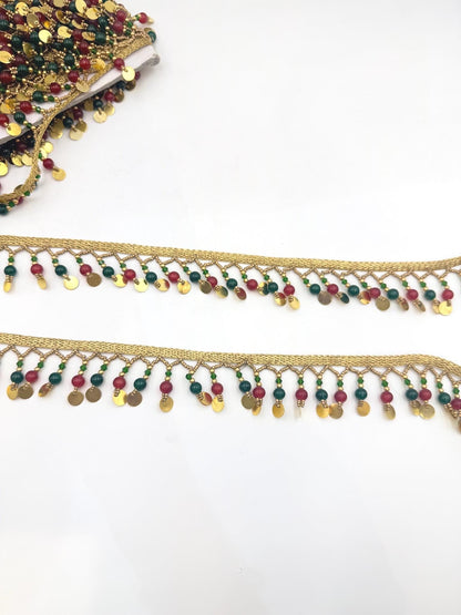 Gold Coin & Gemstone Bead Fringe Trim