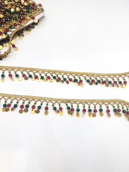 Gold Coin & Gemstone Bead Fringe Trim