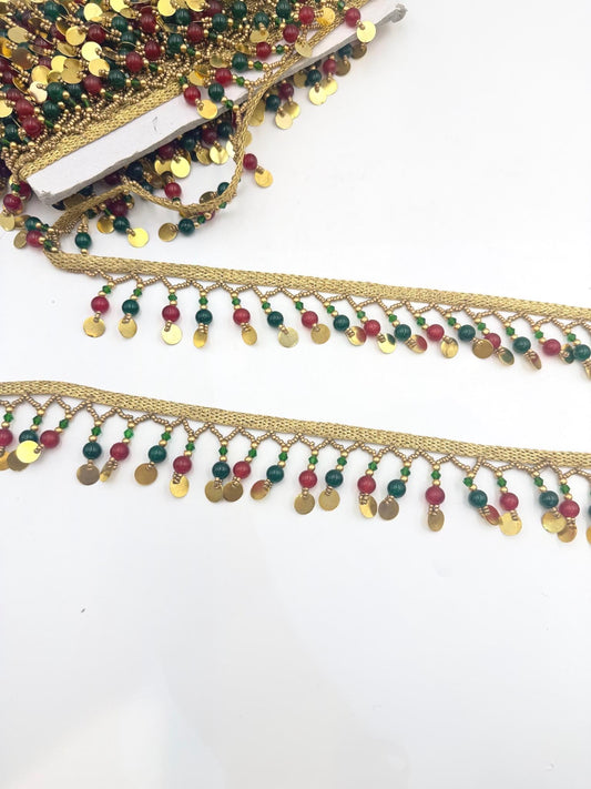 Gold Coin & Gemstone Bead Fringe Trim