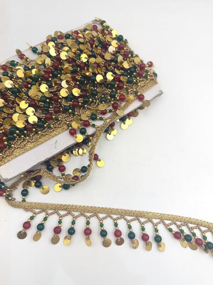 Gold Coin & Gemstone Bead Fringe Trim