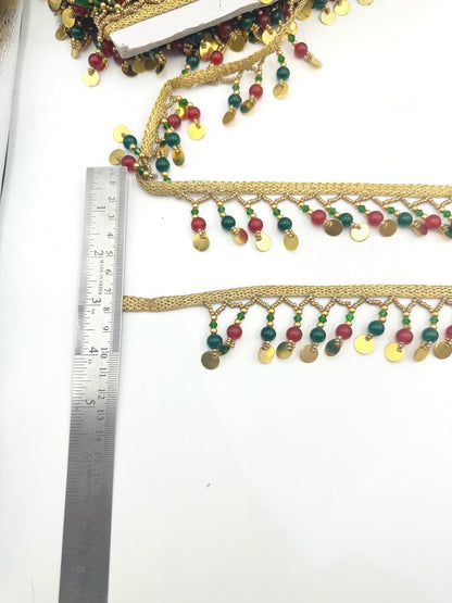 Gold Coin & Gemstone Bead Fringe Trim