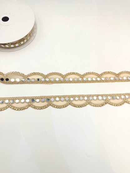Mirror Work Trim by the Yard, Shisha Embroidered Gold Ribbon