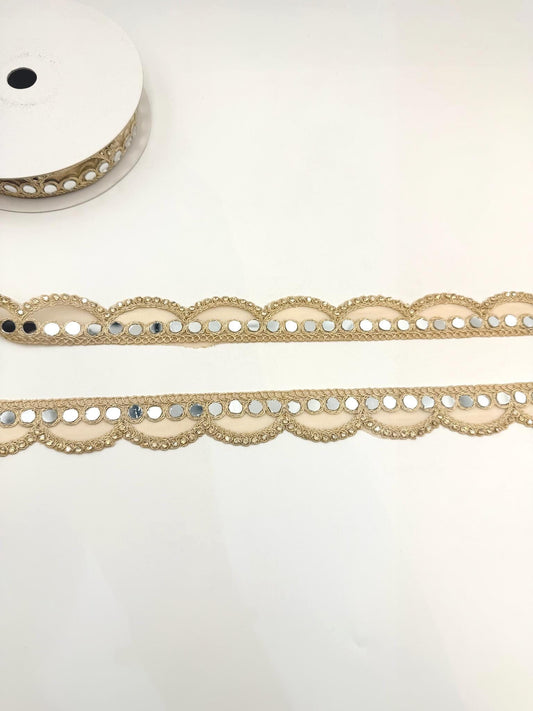 Mirror Work Trim by the Yard, Shisha Embroidered Gold Ribbon