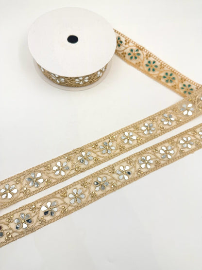Floral Mirror Work Trim, Gold Embroidered Vine Lace