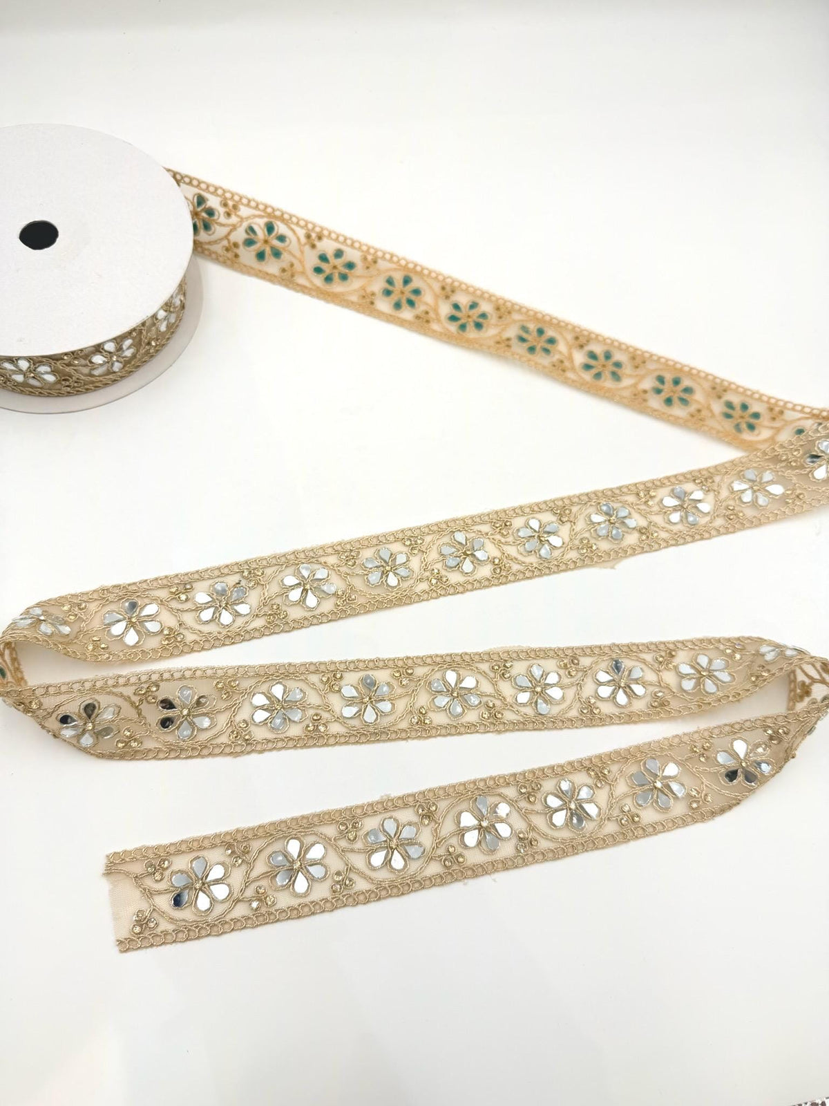 Floral Mirror Work Trim, Gold Embroidered Vine Lace