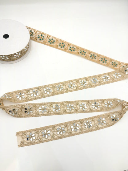 Floral Mirror Work Trim, Gold Embroidered Vine Lace