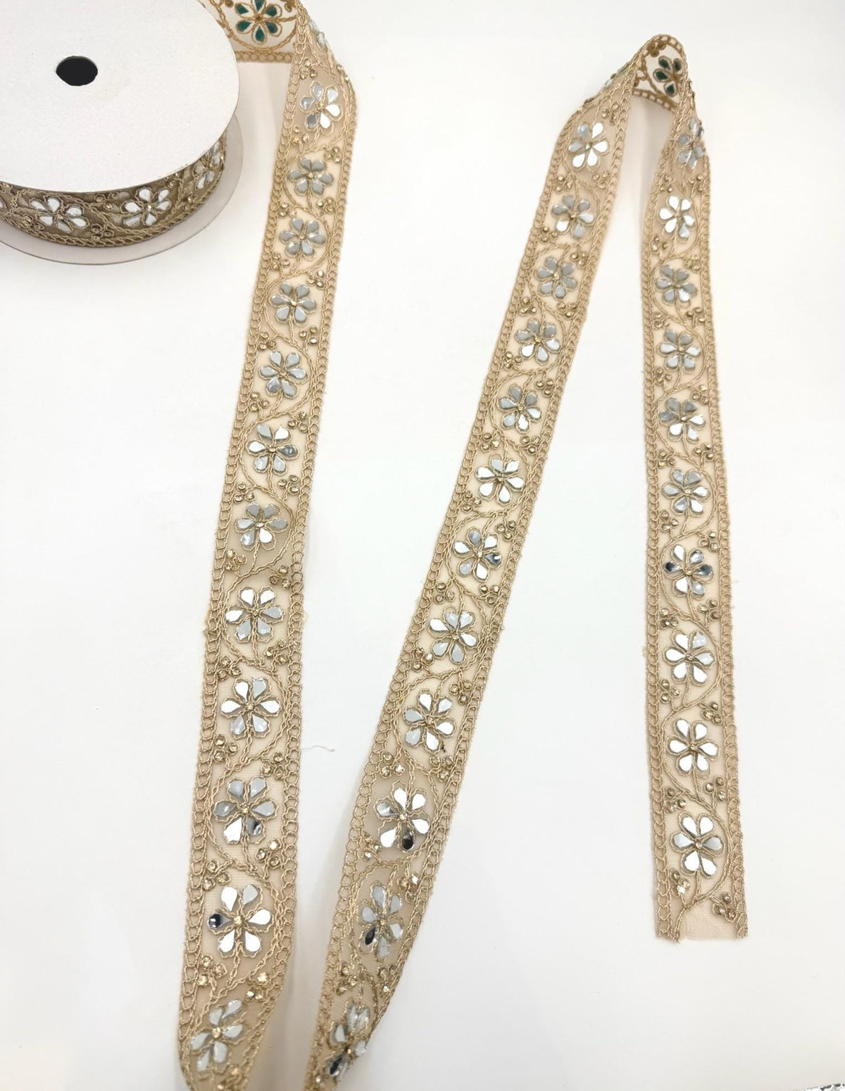 Floral Mirror Work Trim, Gold Embroidered Vine Lace