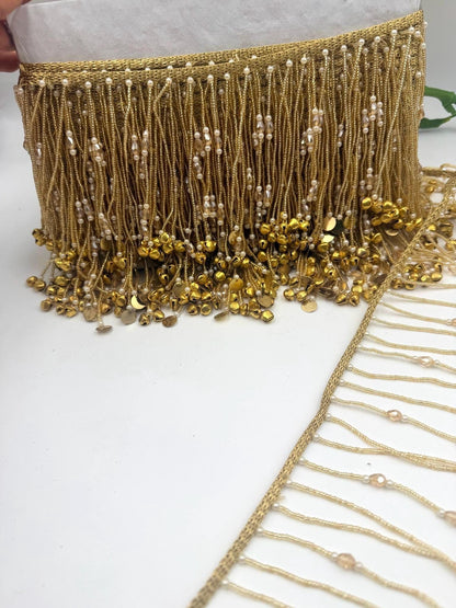 Gold Beaded Fringe Trim Pearl Tassel Borde