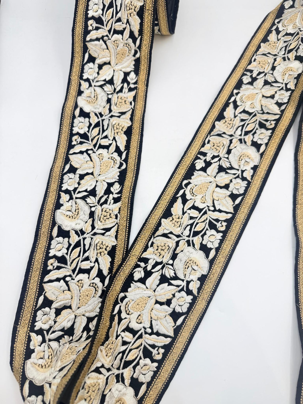 Black Gold Floral Embroidered Trim Designer Bridal Ribbon