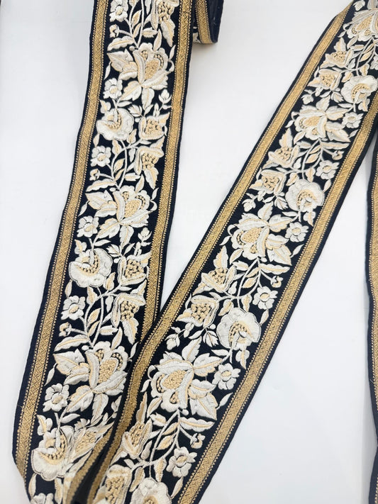 Black Gold Floral Embroidered Trim Designer Bridal Ribbon