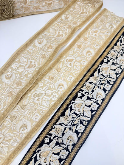 Black Gold Floral Embroidered Trim Designer Bridal Ribbon