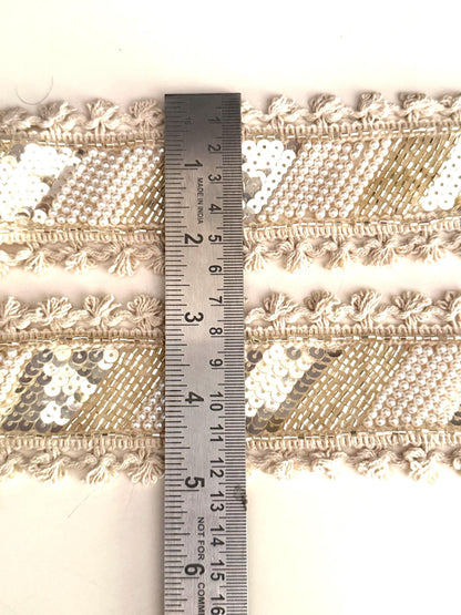 Ivory Beaded Boho Ribbon Trim Pearl & Sequin Embroidered Lace